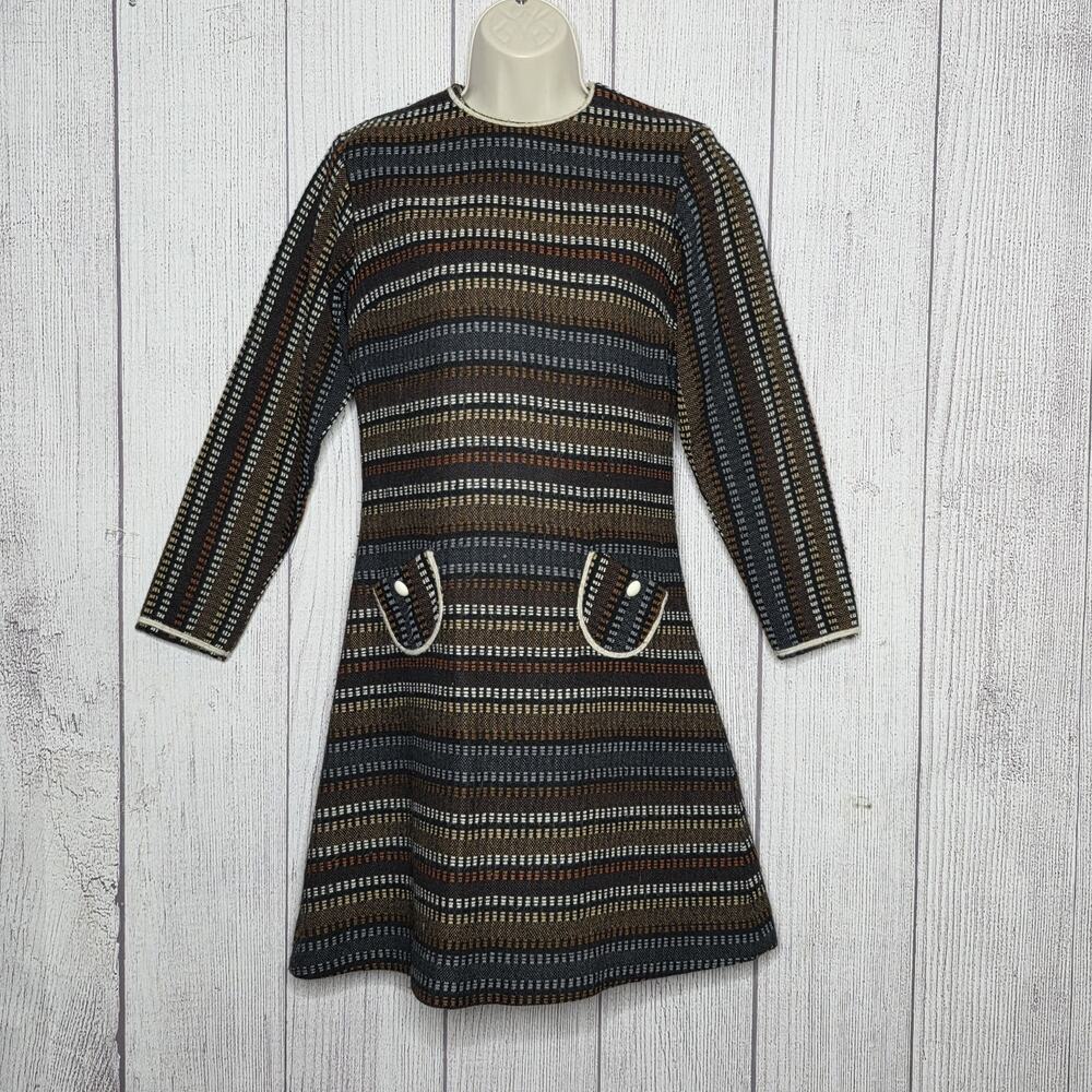 Vintage 60s 70s Jacquard Knit Mod Long Sleeve Mini Dress, sz XS